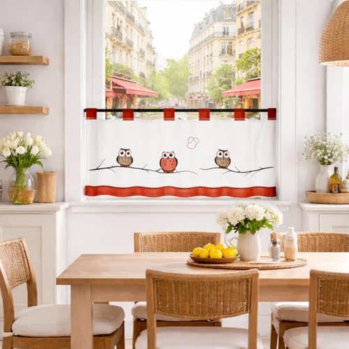 Yujiao Mao Rideau Cuisine, Brise-bise, Petit Rideau, Terre Cuite LxH 90x45cm, avec Anneaux, Motif Hibou, Protège la Vie privée, Lavable, pour Chambre, Chambre...