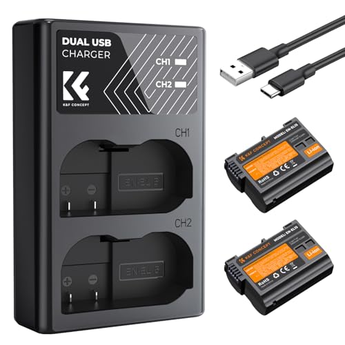 K&F CONCEPT Baterías EN-EL15/15A/15B Compatible con Nikon D7500/D850/D810/D750/D500, Z5/Z6II/Z7II, 2 Baterías 2100mAh, Cargador Dual USB-C/Micro USB