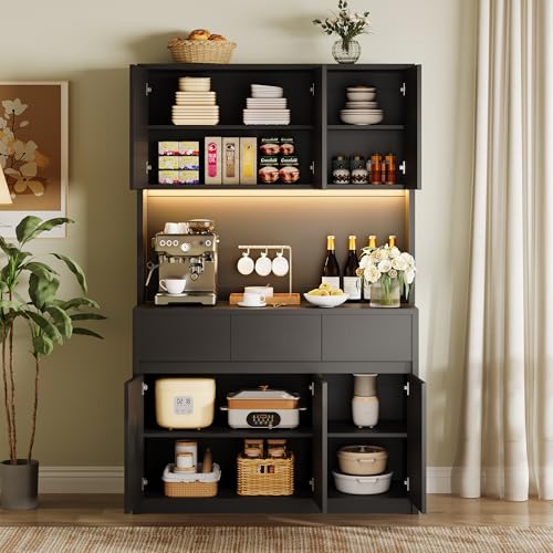 GarveeHome 71" Kitchen Pantry Cabinet, Kitchen Hutch Storage with Led Lights and Power Outlets, Buffet Cabinet with Microwave Stand, Adjustable Shelves, Handless Design, Black