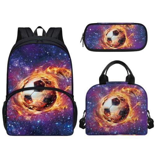 Set di 3 borse per la scuola per bambini e ragazze grande capacità con cerniera a spalla contenitore per il pranzo a tenuta stagna portapranzo Pallone da calcio