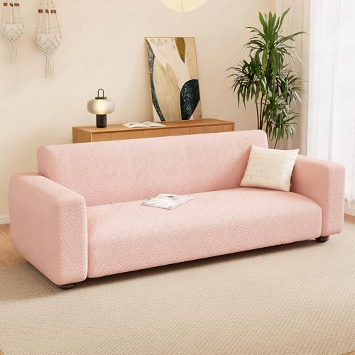 Image of Lukzer 2 Seater Pastel Pink Grid Maze Pattern Sofa Cover | 240 GSM Universal Stretch Fit Jacquard Fabric Couch Protector | Fully Covered Anti Slip & Washable Sofa Cover (140-180cm /SC-108-02)