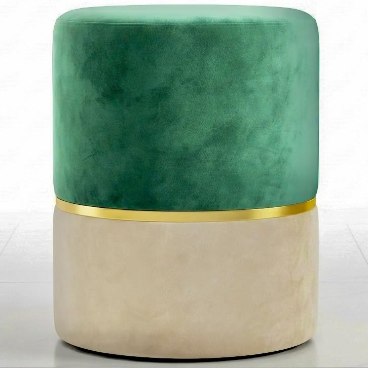 Modern Round Upholstered Ottoman Stool | Velvet Pouf with Gold Ring | Multipurpose Footrest, Vanity Seat & Living Room Accent Stool | Green & White-image-35