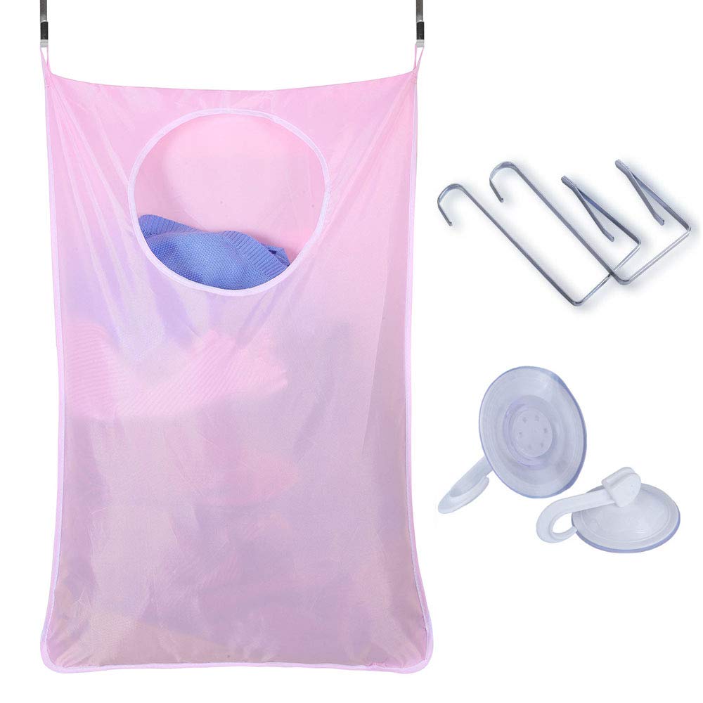 Hanging Laundry Hamper Bag, Over Door Hampers for Laundry with Stainless Steel Hooks Space Saving Wall Hanging Storage for Holding Dirty Laundry (Pink)