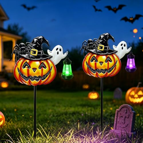 Image of VOOKRY Halloween Pumpkin Lantern Outdoor,Iron Pumpkin with Witch Hat&Spider