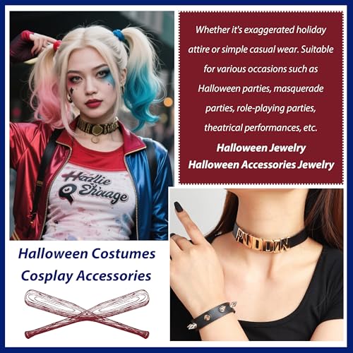 HUASAI Puddin Choker Necklace Bracelet Set Halloween Gothic Jewelry Punk Leather Collar Necklace Spike Bracelet Halloween Costumes Cosplay Accessories3