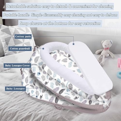 Image of Baby Lounger Replaceable Cover Baby Nest Backup Cover 100% Cotton Breathable Machine Washable (Gray Leaves)