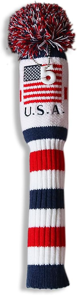 US Flag Knit Pom Pom White Blue Red Driver,Fairway Wood, Hybrid Head Cover Headcover for Callaway Mizuno Cobra Taylormade