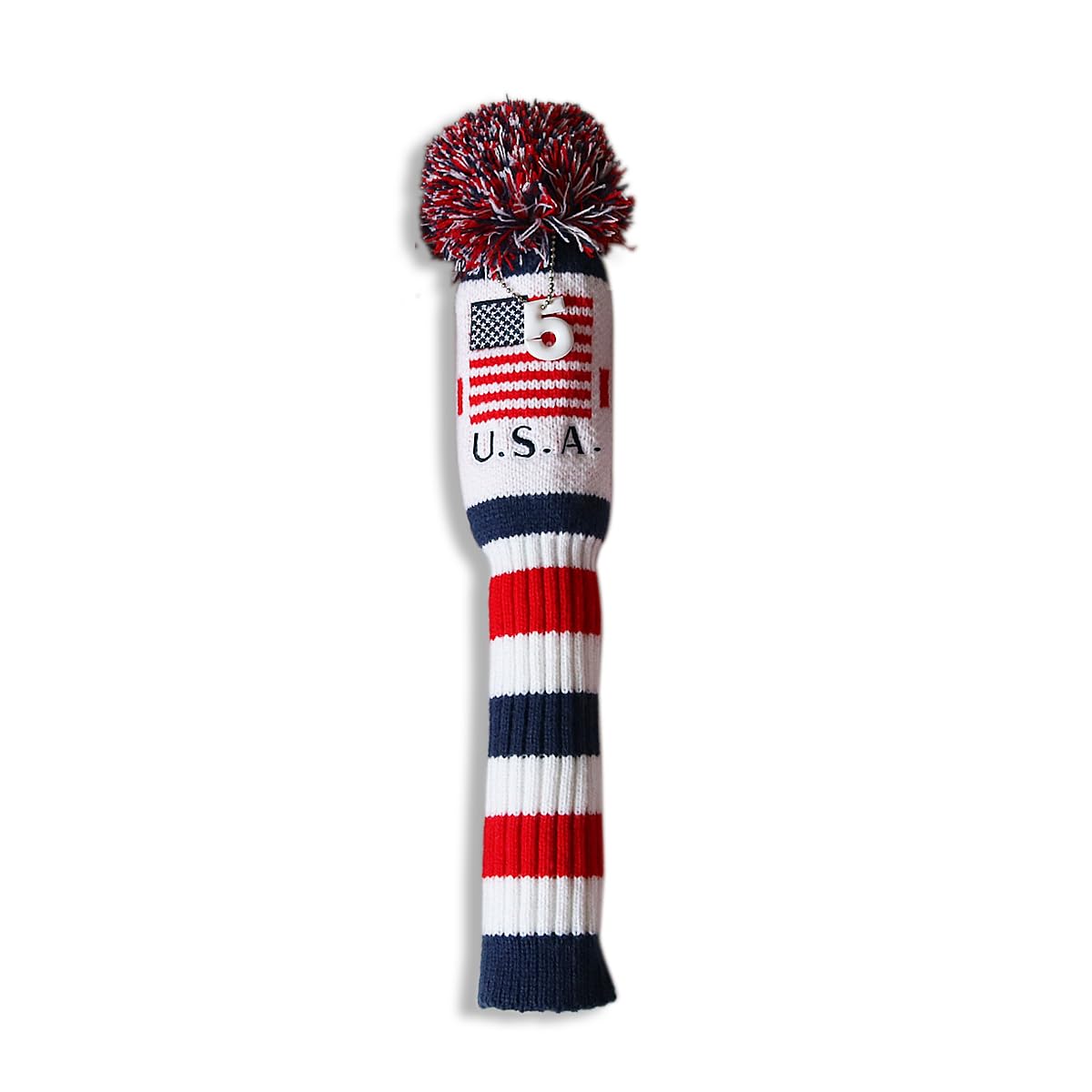 US Flag Knit Pom Pom White Blue Red Driver,Fairway Wood, Hybrid Head Cover Headcover for Callaway Mizuno Cobra Taylormade