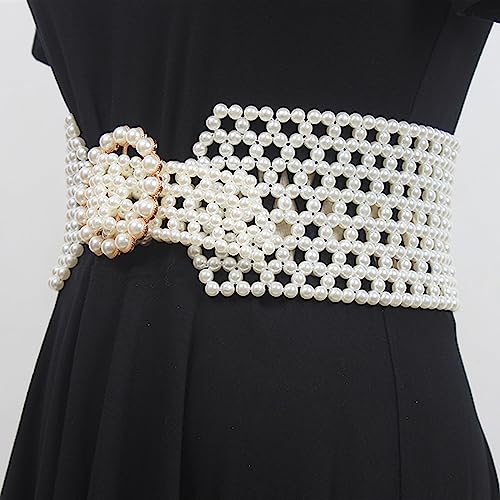 Fashion Elastic Pearls Wide Belt for Women Rhinestone Buckle Bridesmaid Dress Girl Waist Chain for Dress Wedding Belt (Color : B Square Buckle-7.5cm, Size : Talla �nica)2