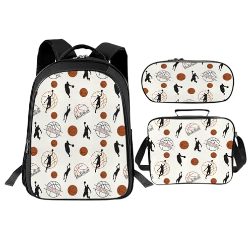 Luxvio Basketball Sports School Backpack for Teens Kids Kindergarten Elementary Middle School 3-Pcs Bookbag, Basketball Back Pack for Boys Girls Children Sport Book Bag, Small Modern Bag
