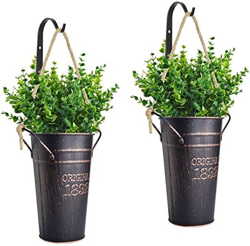 LESEN Farmhouse Metal Wall Planter with Hooks Country Home Hanging Wall Vase Pocket Planters Flowers Holder for Plants or Flower Indoor or Outdoor Rustic Wall Decor,Set of 2