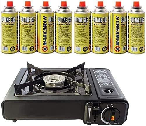 220g Butane Gas Canisters and Portable Camping Gas Cooker - Single Burner Butane BBQ Caravan Outdoor Party Stove with Carry Case (Stove + 8 x Canisters)