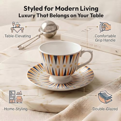 Image of UPC Premium Bone China Cup & Saucer Set (6 Pieces) | Elegant Solid Color Tea Coffee Cups | Lightweight, Durable & Glossy Finish | Ideal for Home, Office & Gifting