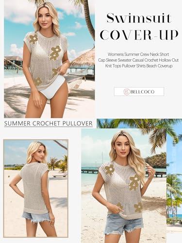 Image of Womens Summer Crochet Tops Hollow Out Cap Sleeve Cover Up Tank Top Pullover Sweater Vest Beach Vacation Clothes