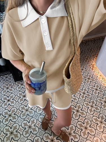 Image of Tankaneo Womens 2 Piece Short Sets Short Sleeve Knit Tops Vacation Outfits | Sweater Fabric, 2026 Summer, Collared, Matching Lounge Set