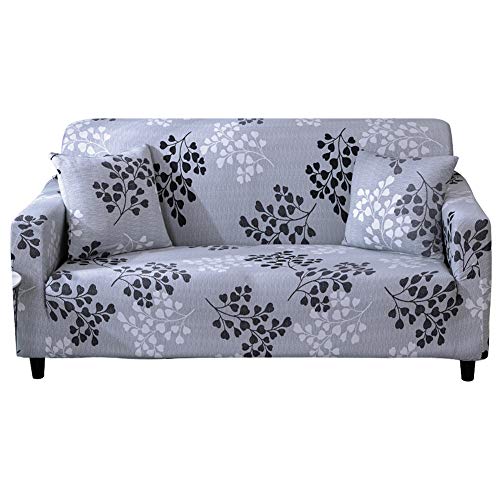 HEYOMART Sofa Cover High Stretch Elastic Fabric 1 2 3 Seater Sofa Slipcover Chair Loveseat Couch Cover Polyester Spandex Furniture Protector Cover with 1 Pillowcase (3 Seater, Grey Leaves)