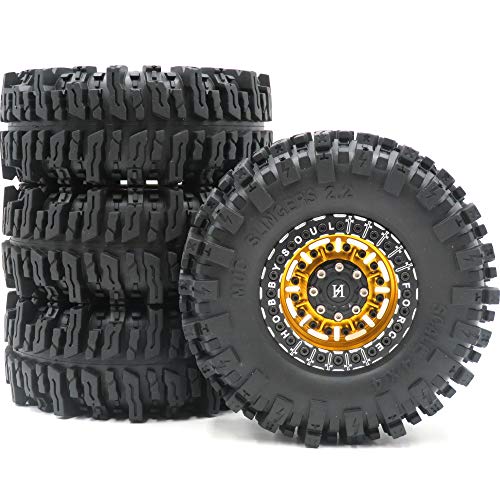 4pcs RC 2.2 Mud Slingers Tires Soft Super Grip Crawler Tyres Height: 124mm/4.88inch & Aluminum Force 2.2 Beadlock Wheels Rims Black/Gold Color