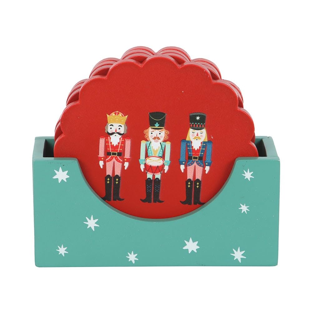 Nutcracker Coaster Set | Set of 4 Red Christmas Coasters with Holder | Festive Table Protection