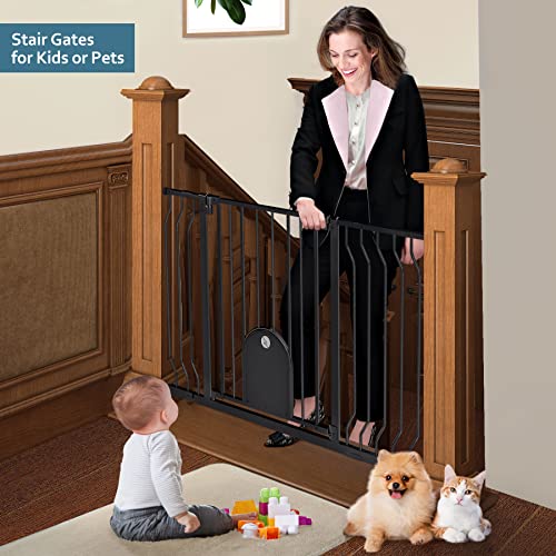 Baby Gate With Cat Door - Auto Close 29.5-48.4" Dog Pet Safety Gate With Pet Door Walk Through For Stairs Doorway Kitchen - Pressure Mounted Metal Baby Gates Includes 4 Wall Cups & 2 Extension Pieces #TOP3