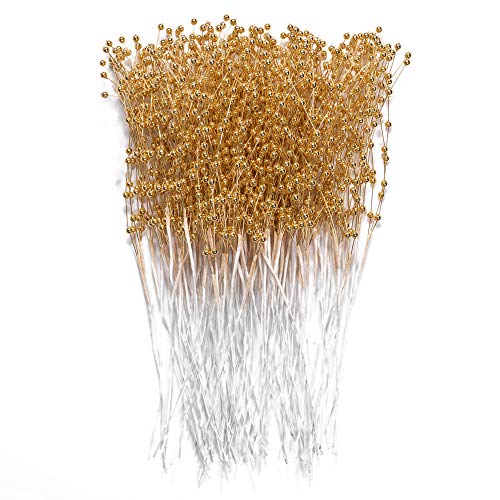 60 Pieces Pearl Stick Stems Bouquets 4mm Bead String Garland Beaded Spray Filler Floral Arrangements Tree Picks Wedding Party Decoration Mothers Day Flower Decor Christmas Tree Picks (Gold)