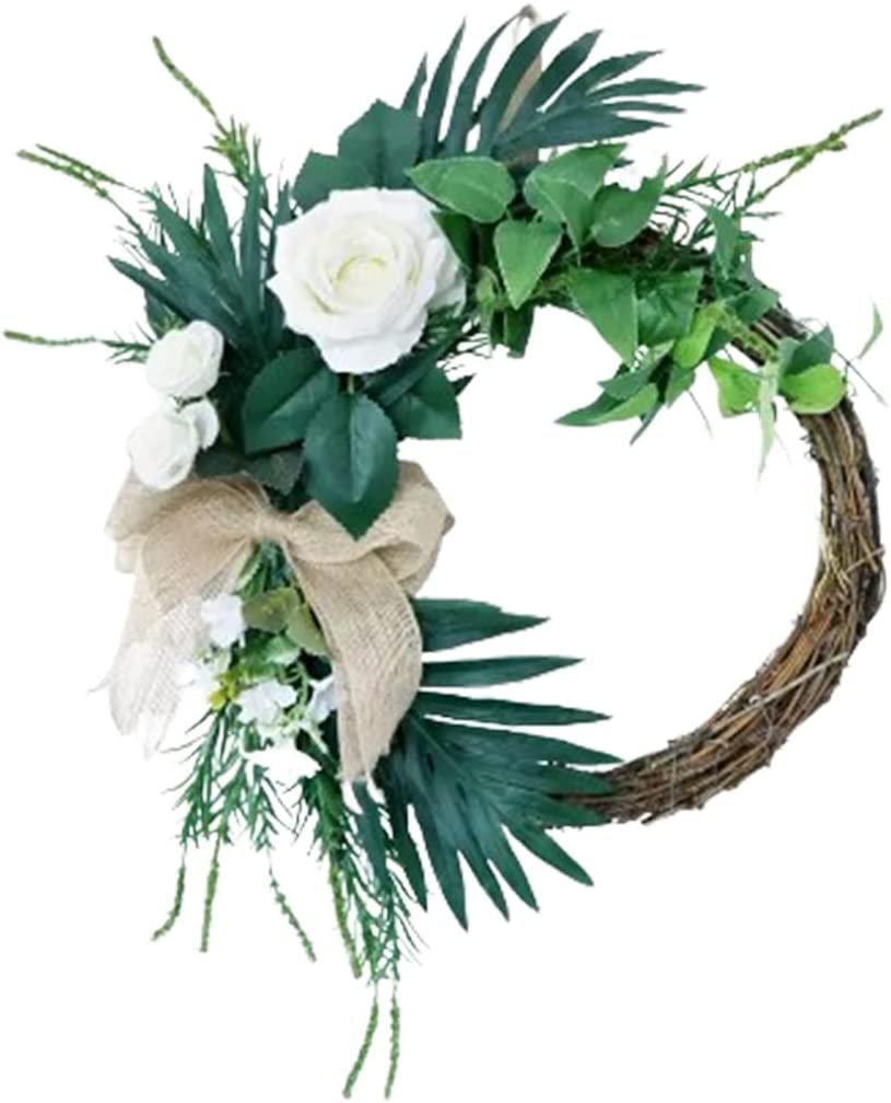 Guirlandes Couronnes de roses blanches avec des feuilles vertes Guirlandes de fleurs de patio de ferme Couronnes de Noël faites à la main Couronne de porte d'entrée d'automne Peut être réutilisé