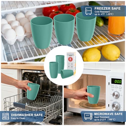 Image of Wheat Straw Plastic Cups Set 6 PCS, 12 OZ Kitchen Cups Set, Green | Unbreakable Plastic Cups, Dishwasher Safe Kids Drinking Cups for Indoor and Outdoor Use