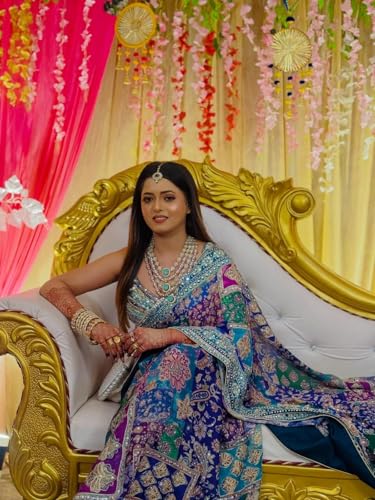 Image of Women's Soft Chinnon Silk Digital Print Saree with Embroidery and Real Mirror Work, Designer Traditional Saree with Elegant Piping Border and Unstitched Blouse