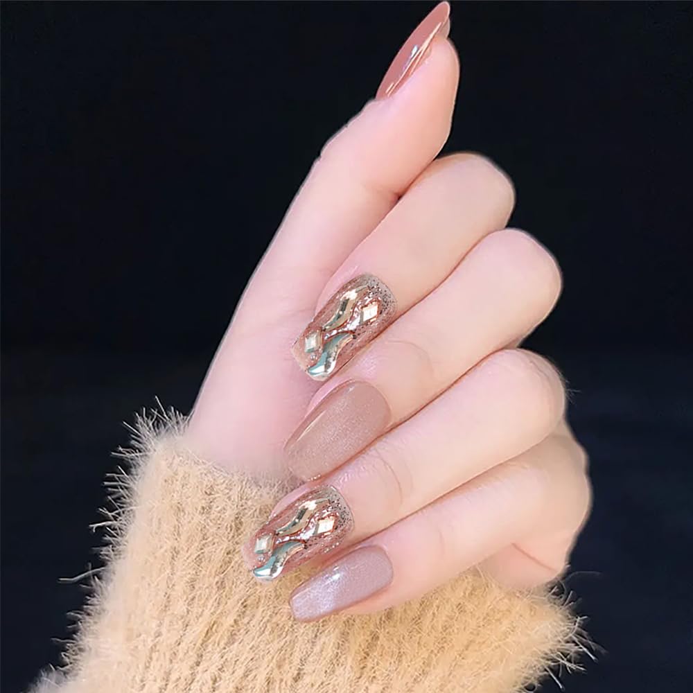 Secret Lives Cats Eye Reusable Artificial Nude Color with Silver Glitter & 3D Crystal Design Fake Press on Nails 24 Pieces Set with Kit-image-32