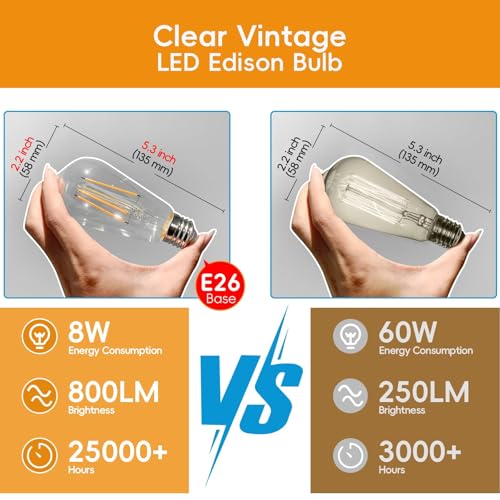 Image of Jensense Edison Bulbs E26 LED Bulb 60 Watt Equivalent, Vintage LED Light Bulbs CRI90+ ST19, Dimmable Clear Light Bulbs (2700K Warm White, 8watt-32 Pack)