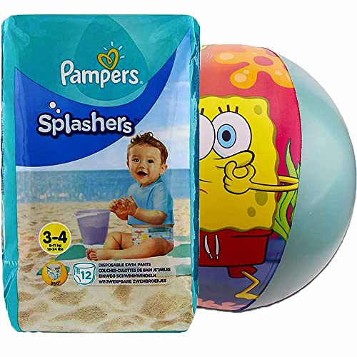 Splashers Disposable Swim Diapers, Size 3-4 (13-24Lb.) + Bonus Beach Ball Absorbent And Adjustable Swim Pants For Baby, Toddler, Girls, Boys, 12 Count #TOP10