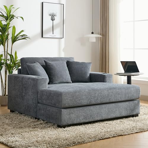 Image of Merax Modern Upholstered Indoor Chaise Lounge with Pillows, Charge Station & Cup Holders, Single Sofa Couch with Armrest and Soild Wood Legs, Blue Gray