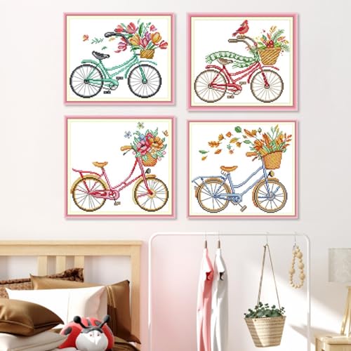Image of Qeerysew Cross Stitch Kits Stamped Full Range of Embroidery Starter Kits for Beginners DIY-Printed Kits Romantic Bike (Winter)(Printed) 13.8x11inches