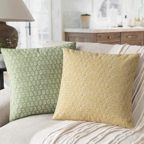Image of Foindtower Set of 2 Decorative Neutral Floral Print Throw Pillow Covers Vintage Accent Farmhouse Cushion Covers Boho Home Decor For Sofa Couch Chair Bedroom Living Room Outdoor,20x20 Inch,Light Yellow