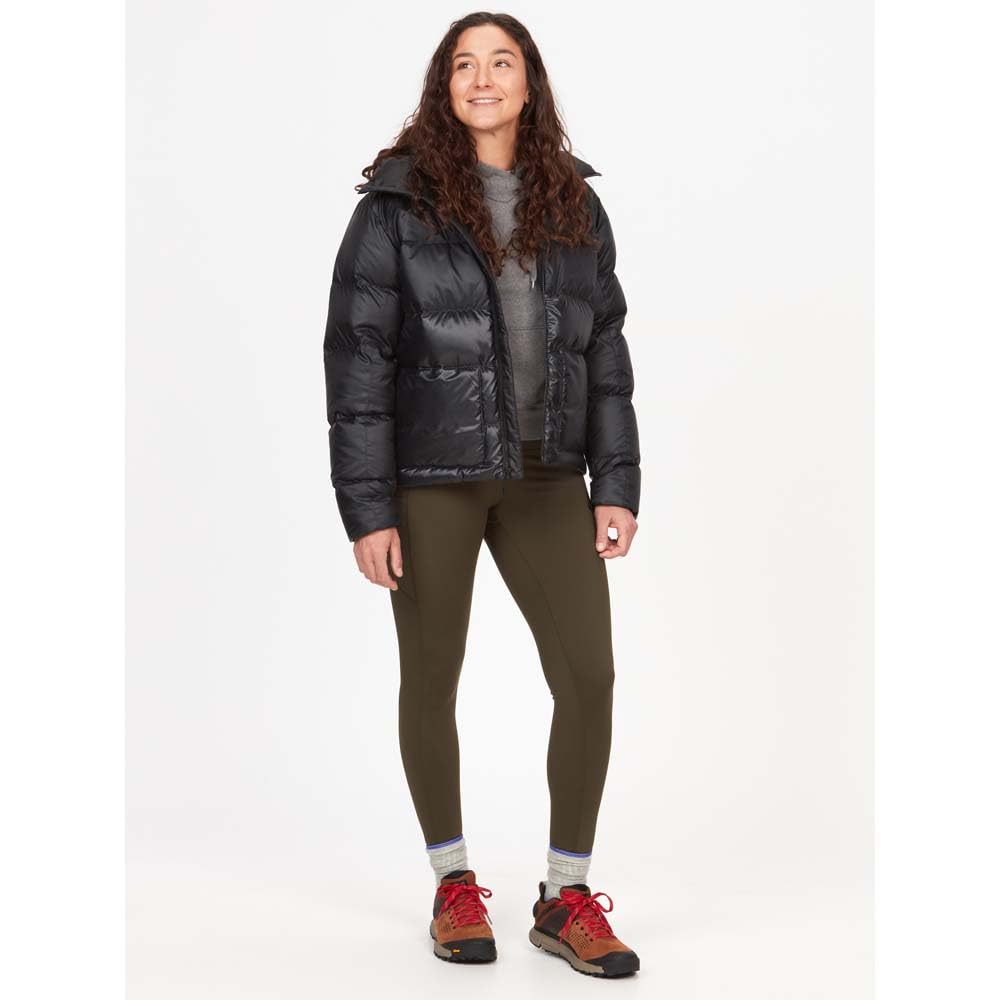 Marmot Mujer Wm's Guides Down Hoody, Cálida chaqueta ligera de plumón para invierno, acolchada repelente al agua, funcional con cortaviento, pequeña plegable con capucha, Black, L