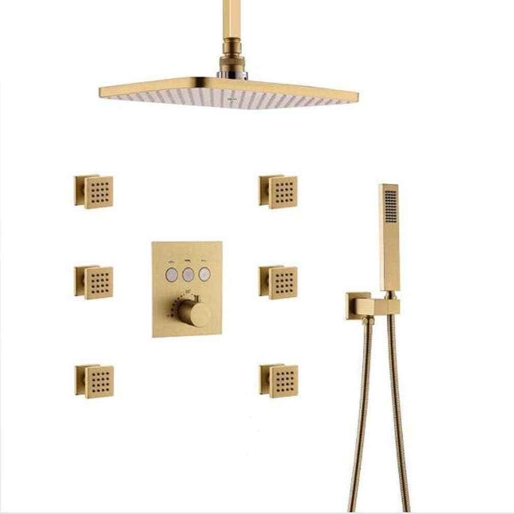 Shower Set Shower System, Thermostatic Ceiling Shower Faucet System Rectangular 12 x 8 Inch Rectangular Rainfall Shower Head with 6 PCS Body Jets Mixer Set, Matte Black Shower Set,