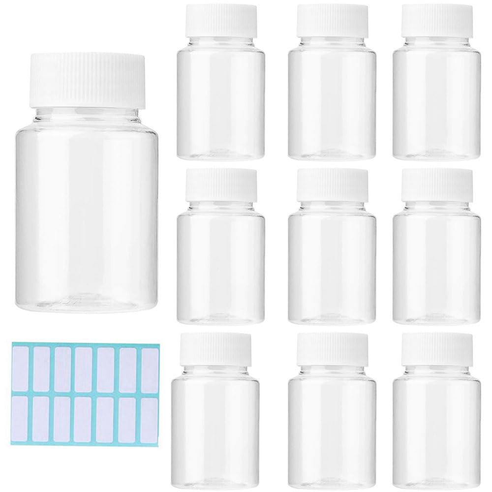 SKYPRO 10Pcs Clear Pill Bottle Plastic Medicine Bottle Empty Reagent Bottle Containers with Caps for Liquid Solid Powder Medicine With Sticker (60ML)