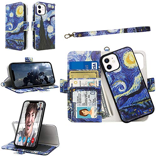 Samgg Wallet Case for iPhone 12/12 Pro, Magnetic Detachable Folio Case with Tempered Glass and Wrist Strap, 2-Way Stand, Card Holer, Durable Leather Flip Cover for iPhone 12 Pro / 12 (Starry Night)