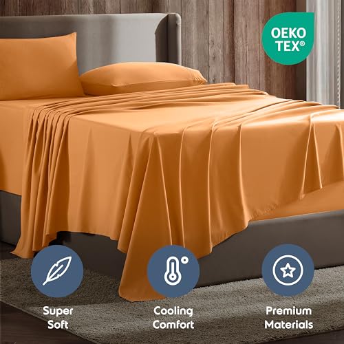 Image of Nestl Split King Bed Sheet Set - Light Orange - 5-Piece Deep Pocket | Instantly Soft, Night-One Ready (No Wash Required). Fits 16-Inch Deep Pockets, 360-Degree Elastic Grip