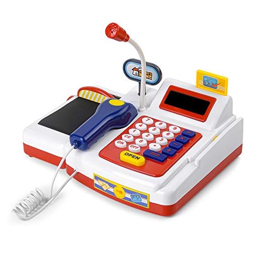 Zovi Cash Register for Kids a Play Set of Microphone, Scanner, Calculator, Pretend Play Food Toys, Cashier Toy & Toddlers, Play Restaurant/Grocery/Supermarket Play Money, Classic Counting Kids Toys