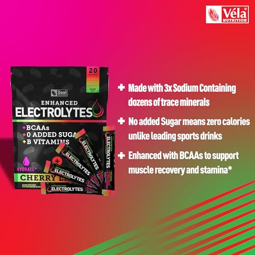Image of Enhanced Electrolyte Powder Stick Packs (Cherry Limeade | 20 Packets) w / 0 Sugar +BCAAs +B-Vitamins Electrolyte Supplement w Potassium Zinc & Magnesium for Hydration - Keto Electrolytes
