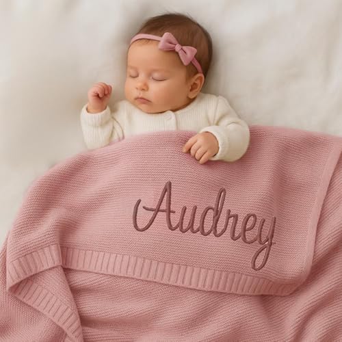 Coperte In Maglia Personalizzate Ricamate Con Nome, Coperta Per Neonati In Cotone Fatta A Mano Su Misura Per Maschio/femmina(Light pink)