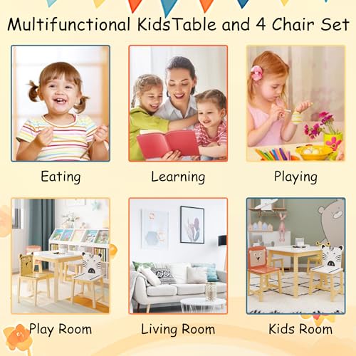 Image of Wood Table & Chairs 5 Pieces Set, Boys Girls Activity Table w / 4 Animal Shaped Chairs, Solid Wood Legs, Safe Rounded Corners, Playroom Furniture for Boys & Girls Activity Dining Drawing Craft.