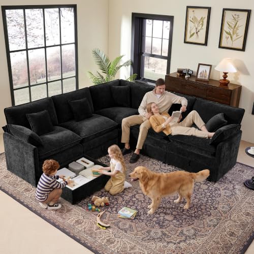 Image of Ihanherry Oversized Modular Sectional Sofa with Storag, 6-Seater V Shaped Cloud Couch with Movable Ottomans, Chenille Deep Seat Corner Couches for Living Room (Black)