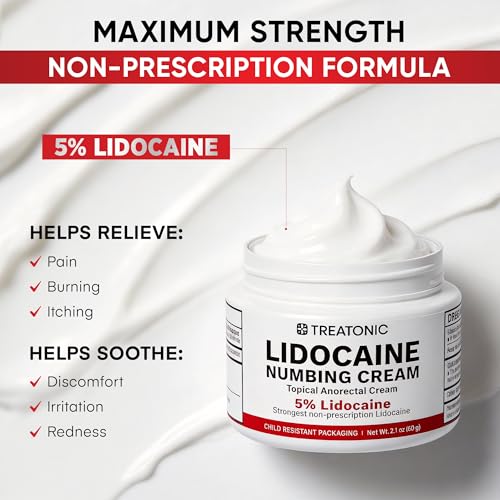 Image of Treatonic 5% Lidocaine Numbing Cream: Lidocaine Cream Maximum Strength for Pain Relief, Itching, Burning, Soreness, Hemorrhoid Treatment - Fast Acting & Long Lasting Numbing - 2.1 oz
