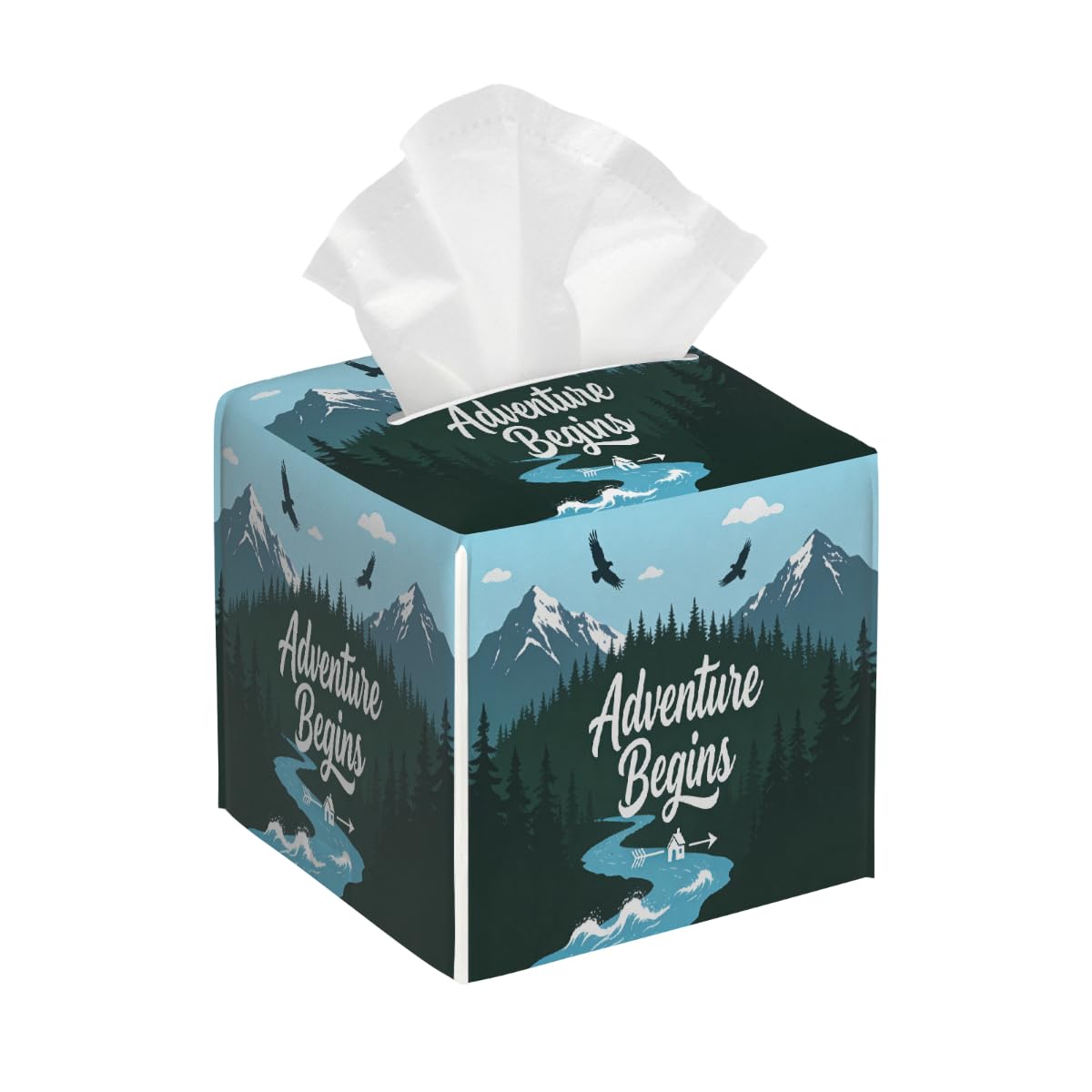 Tissue Box Cover Square Pu Leather Tissue Box Holder Waterproof Paper Organizer Dispenser for Bathroom Kitchen Bedroom Car Office Forest Mountain