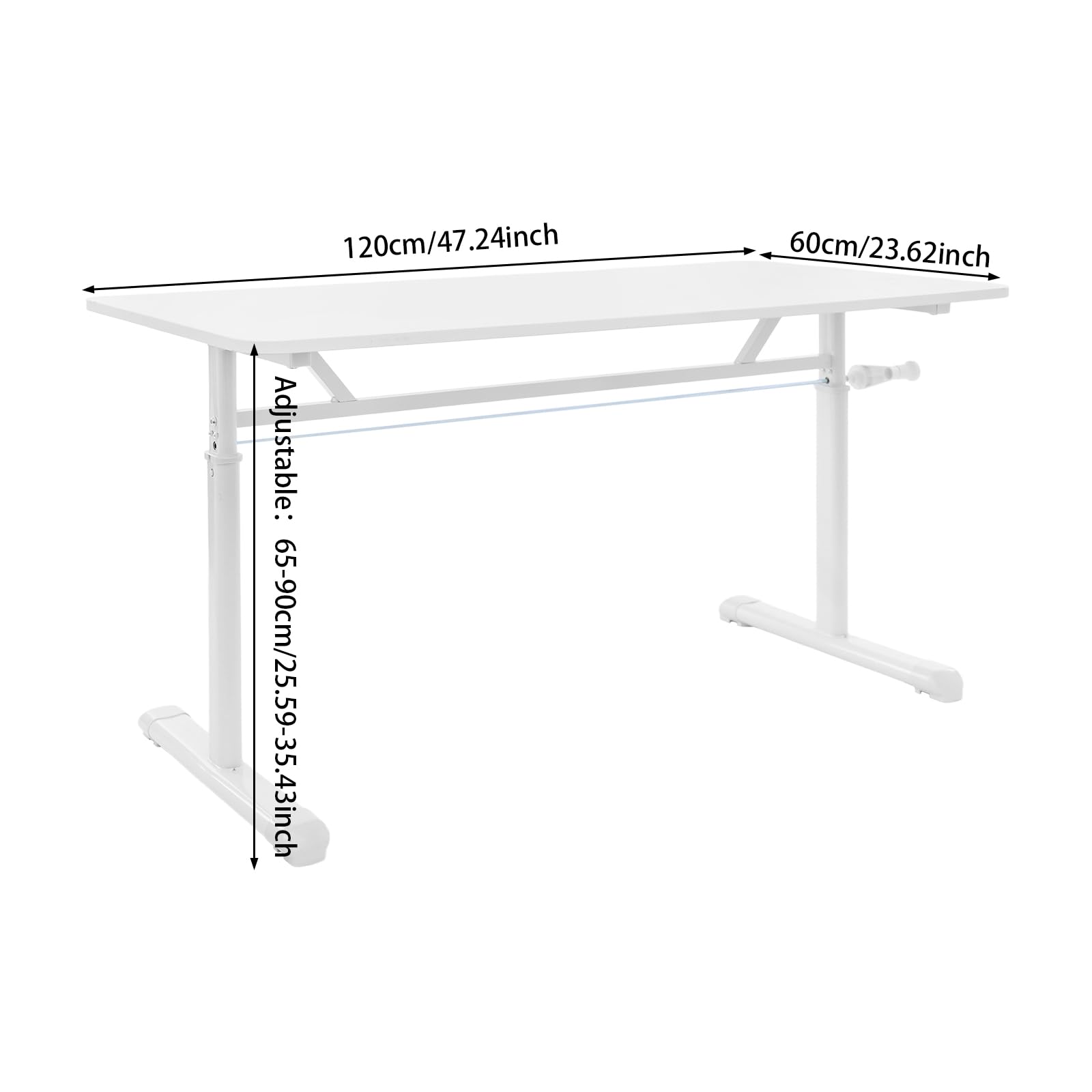 Scrivania regolabile in altezza, scrivania 120 x 60 cm, piano 1,5 cm, spessore tavolo da ufficio, 65 – 90 cm, altezza con struttura in ferro per ufficio, casa, ufficio (bianco)