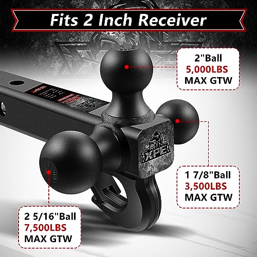 image for XPE Trailer Hitch Tri Ball Mount with Hook,Fits 2” Hitch Receiver,1-