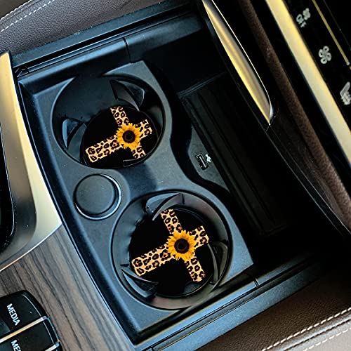 Car Coasters 2 Pack, Small 2.56" Absorbent Ceramic Coaster for Car, Keep Cup Holders Clean and Dry, Auto Coasters Set for Women Men Cup Holder, Leopard Print Cross with Sunflower Style Car Coasters - image 2