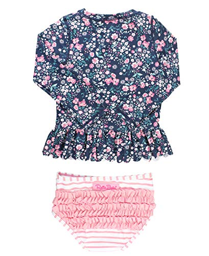 Image of RuffleButts Baby /Toddler Girls Scalloped Long Sleeve Rash Guard 2-Piece UPF50+ Sun Protected Swimsuit