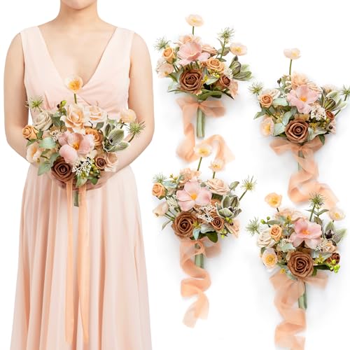 Ling's Moment Artificial Flowers Apricot and Peach Bridesmaid Bou...